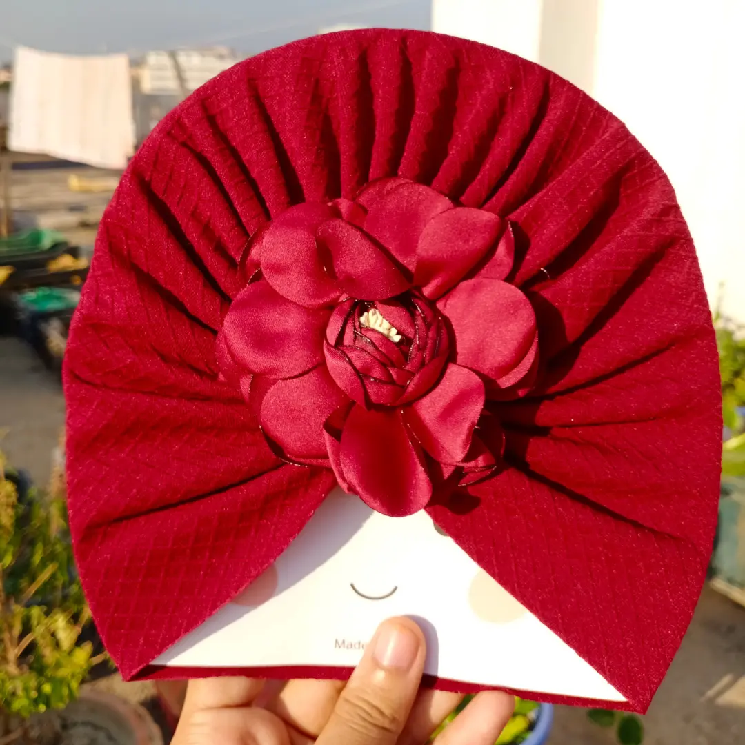 Big Flower Baby Turban Hat Maroon Color